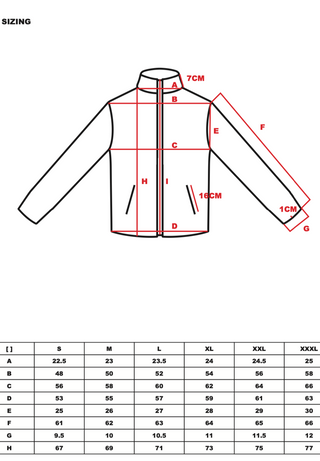 Technische Zeichnung der CH+ARMED Fleece Jacke mit Massangaben.
