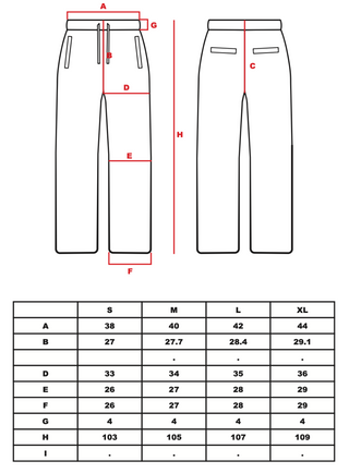 Technische Zeichnung und Grössentabelle der CH+ARMED Infanterie Sweatpants in Schwarz mit Straight Leg Fit und Vier Taschen mit Reissverschluss.