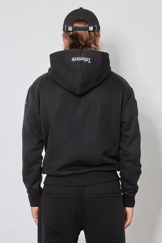 CH+ARMED Infanterie Zip Hoodie in Schwarz, Rückansicht ohne Print, lockerer Fit mit Kapuze und Bündchen.