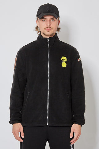 Schwarzer CH+ARMED Pz Gren Fleece aus Polyester mit Stickerei, Suisse Badge und verstellbarem Bund – Vorderansicht.