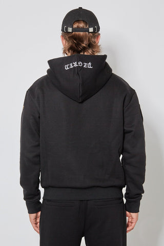 CH+ARMED Pz Gren Zip Hoodie in Schwarz, Rückansicht mit Kapuzenprint, lockerer Fit mit Kapuze und Bündchen.