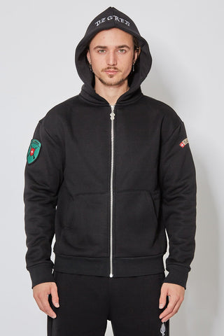 Schwarzer CH+ARMED Pz Gren Zip Hoodie aus 100% Baumwolle, Stickerei, Suisse Badge und personalisiertem Reissverschluss – Vorderansicht.