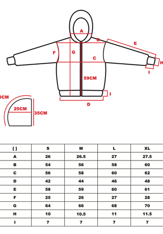 Technische Zeichnung und Grössentabelle des CH+ARMED Pz Gren Zip Hoodies in Schwarz.