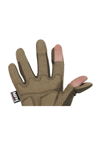 Leichte taktische Einsatzhandschuhe MFH Action mit atmungsaktivem Polyester-Elasthan-Handrücken, EVA-gepolsterter Nylon-Innenhand, verstärkten und teilgepolsterten Zonen, umklappbarem Daumen und Zeigefinger für präzises Arbeiten sowie Klettverschluss am Handgelenk – flexible Schutzhandschuhe für Outdoor, Militär, Training und taktische Einsätze.