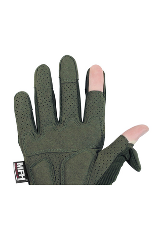 Leichte taktische Einsatzhandschuhe MFH Action mit atmungsaktivem Polyester-Elasthan-Handrücken, EVA-gepolsterter Nylon-Innenhand, verstärkten und teilgepolsterten Zonen, umklappbarem Daumen und Zeigefinger für präzises Arbeiten sowie Klettverschluss am Handgelenk – flexible Schutzhandschuhe für Outdoor, Militär, Training und taktische Einsätze.