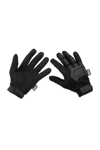 Leichte taktische Einsatzhandschuhe MFH Action mit atmungsaktivem Polyester-Elasthan-Handrücken, EVA-gepolsterter Nylon-Innenhand, verstärkten und teilgepolsterten Zonen, umklappbarem Daumen und Zeigefinger für präzises Arbeiten sowie Klettverschluss am Handgelenk – flexible Schutzhandschuhe für Outdoor, Militär, Training und taktische Einsätze.