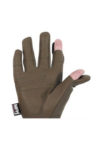 Robuste taktische Einsatzhandschuhe MFH Mission mit Kunststoffprotektoren im Carbon-Look, atmungsaktivem Polyester-Polyurethan-Neopren-Handrücken mit Ventilationslöchern, umklappbarem Daumen und Zeigefinger sowie griffiger Polyurethan-Innenfläche – funktionale Schutzhandschuhe für Militär, Outdoor, Security und taktische Einsätze.