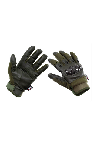 Robuste taktische Einsatzhandschuhe MFH Mission mit Kunststoffprotektoren im Carbon-Look, atmungsaktivem Polyester-Polyurethan-Neopren-Handrücken mit Ventilationslöchern, umklappbarem Daumen und Zeigefinger sowie griffiger Polyurethan-Innenfläche – funktionale Schutzhandschuhe für Militär, Outdoor, Security und taktische Einsätze.