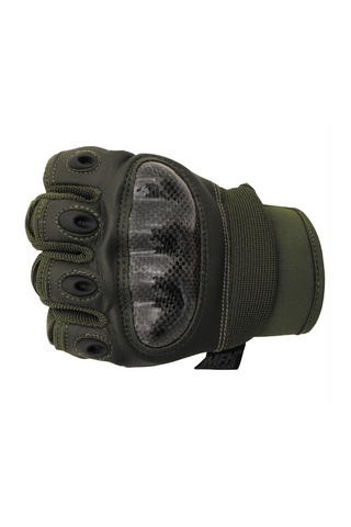 Robuste taktische Einsatzhandschuhe MFH Mission mit Kunststoffprotektoren im Carbon-Look, atmungsaktivem Polyester-Polyurethan-Neopren-Handrücken mit Ventilationslöchern, umklappbarem Daumen und Zeigefinger sowie griffiger Polyurethan-Innenfläche – funktionale Schutzhandschuhe für Militär, Outdoor, Security und taktische Einsätze.