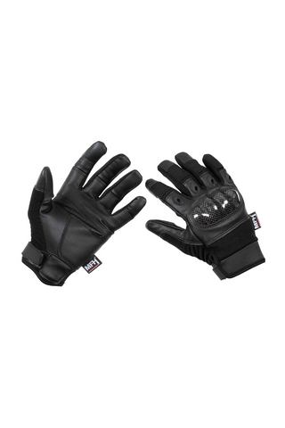 Robuste taktische Einsatzhandschuhe MFH Mission mit Kunststoffprotektoren im Carbon-Look, atmungsaktivem Polyester-Polyurethan-Neopren-Handrücken mit Ventilationslöchern, umklappbarem Daumen und Zeigefinger sowie griffiger Polyurethan-Innenfläche – funktionale Schutzhandschuhe für Militär, Outdoor, Security und taktische Einsätze.