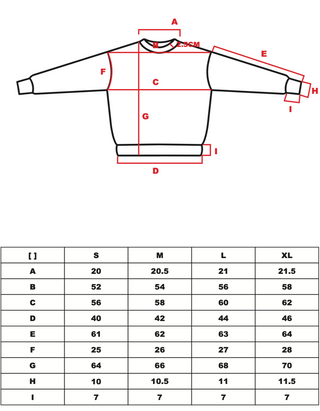 Technische Zeichnung und Grössentabelle eines schwarzen CH+ARMED Infanterie Herren Sweatshirts mit Massangaben in cm (Schulter, Brust, Ärmel, Gesamtlänge, Bund).