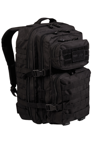 Schwarzer taktischer Militärrucksack 36L aus robustem 600D Polyester mit PVC-Beschichtung, Molle-System, ergonomisch gepolsterten Schultergurten und Rückenpolsterung aus EVA-Schaum, mehreren Reissverschluss- und Netzfächern sowie Hydropack-Fach – idealer Einsatz- und Outdoor-Rucksack mit hoher Funktionalität und Stauraum.