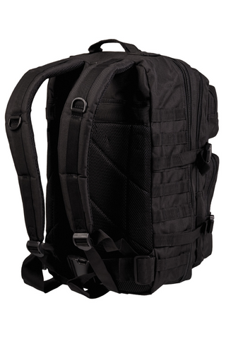 Schwarzer taktischer Militärrucksack 36L aus robustem 600D Polyester mit PVC-Beschichtung, Molle-System, ergonomisch gepolsterten Schultergurten und Rückenpolsterung aus EVA-Schaum, mehreren Reissverschluss- und Netzfächern sowie Hydropack-Fach – idealer Einsatz- und Outdoor-Rucksack mit hoher Funktionalität und Stauraum.