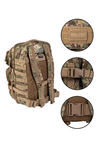 Taktischer Militärrucksack 36L aus robustem 600D Polyester mit PVC-Beschichtung, Molle-System, ergonomisch gepolsterten Schultergurten und Rückenpolsterung aus EVA-Schaum, mehreren Reissverschluss- und Netzfächern sowie Hydropack-Fach – idealer Einsatz- und Outdoor-Rucksack mit hoher Funktionalität und Stauraum.